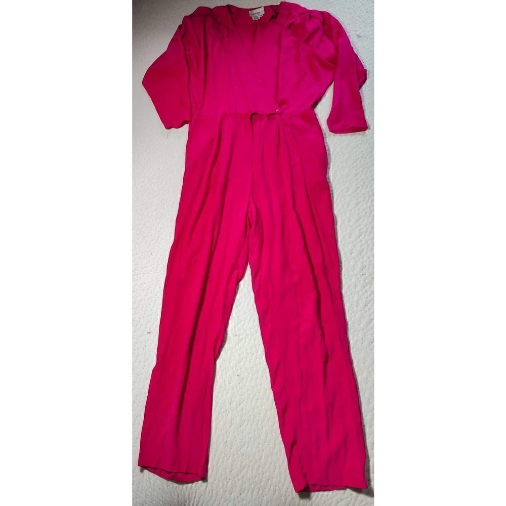 RARE VINTAGE 100% SILK CADEZ PETITE HOT PINK BARBIE JUMPSUIT SIZE 8 SHOULDERPADS